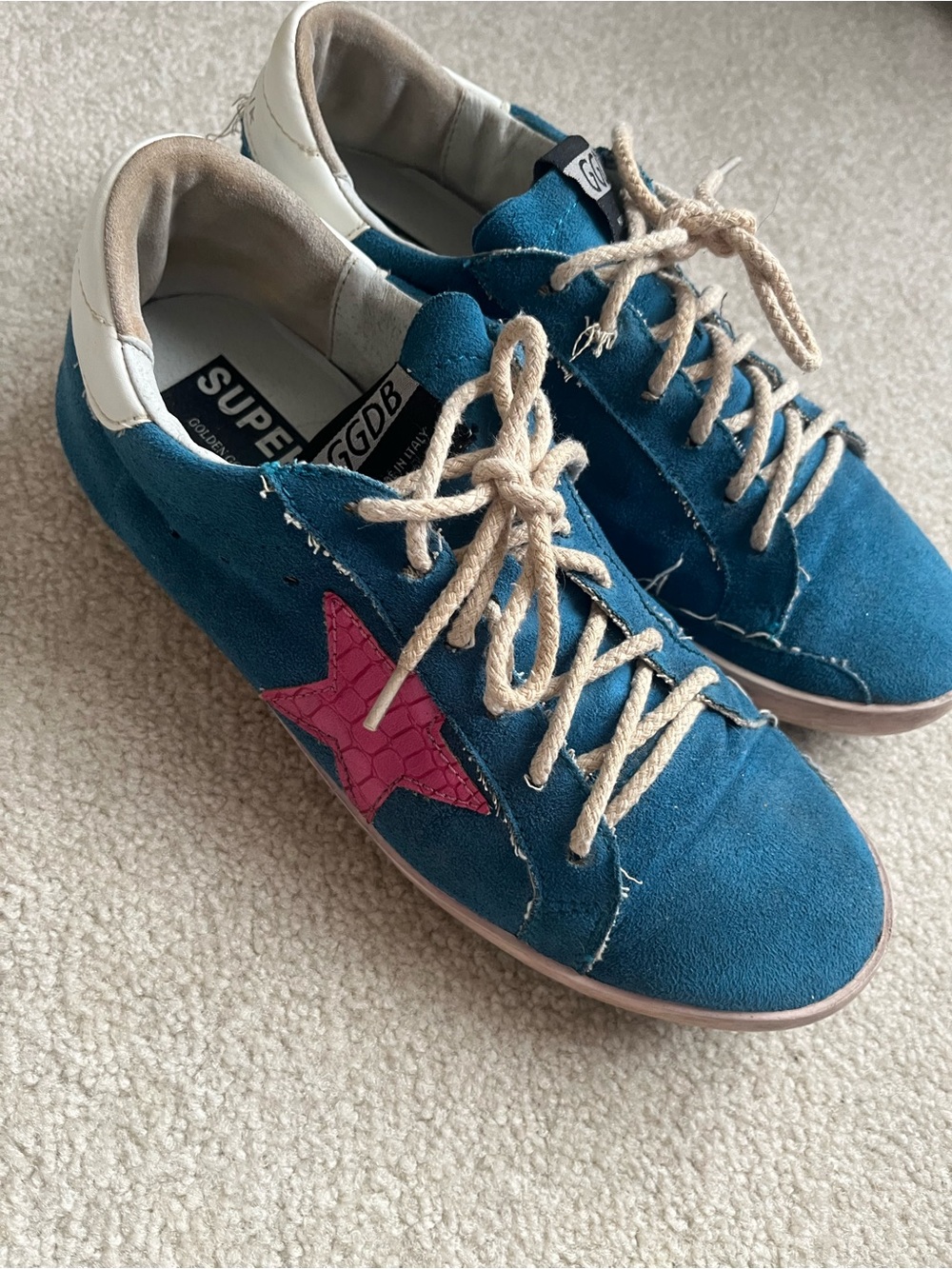 Golden Goose Blue Suede Sneakers with Pink Star